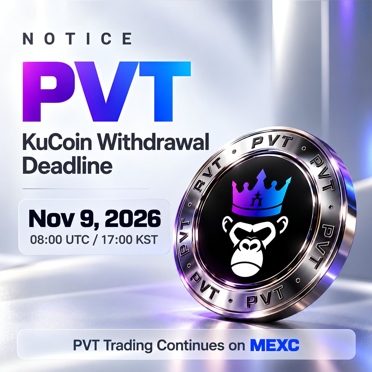 PUNKVISM's tweet photo. 📢 [IMPORTANT] KuCoin PVT Token Withdrawal Closure Notice 🔐✨

The withdrawal service for PVT on KuCoin will officially close on Nov 9, 2026, at 08:00 (UTC) / 17:00 (KST).

If you currently hold PVT on KuCoin, please withdraw your assets to MEXC or your external Solana wallet before the deadline to ensure asset safety.

📌 Deadline: Nov 9, 2026 (Mon) 08:00 (UTC) / 17:00 (KST)
💡 PVT trading, deposits, and withdrawals remain fully operational on MEXC.

👉 Trade on MEXC: https://t.co/AAoSe1hhIY

BE THE PUNKYVISTS 🏴‍☠️
#PUNKVISM #PVT #KuCoin #MEXC #Crypto #SOLANA