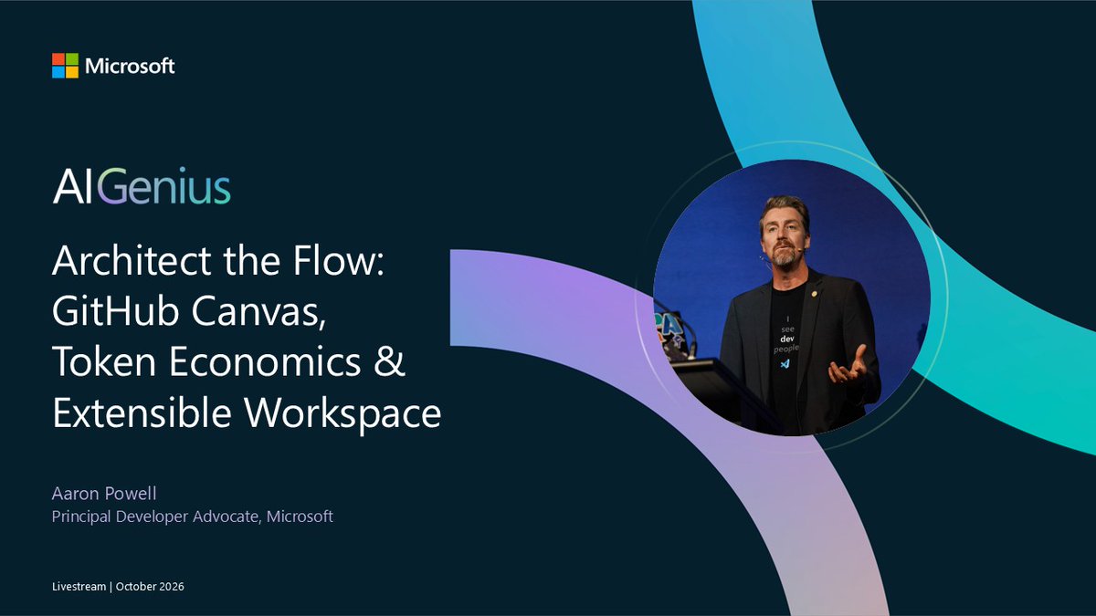 MSFTReactor's tweet photo. AI agents are moving beyond chat. Now we need to architect the workflows around them.

Join Microsoft Reactor to explore:
🔹 GitHub Canvas
🔹 Multi-agent workflows
🔹 Token economics
🔹 MCP integrations + custom plugins

Register: https://t.co/HLHzB0Gq28

#AIGenius #GitHub #AI https://t.co/huguXGpNIP