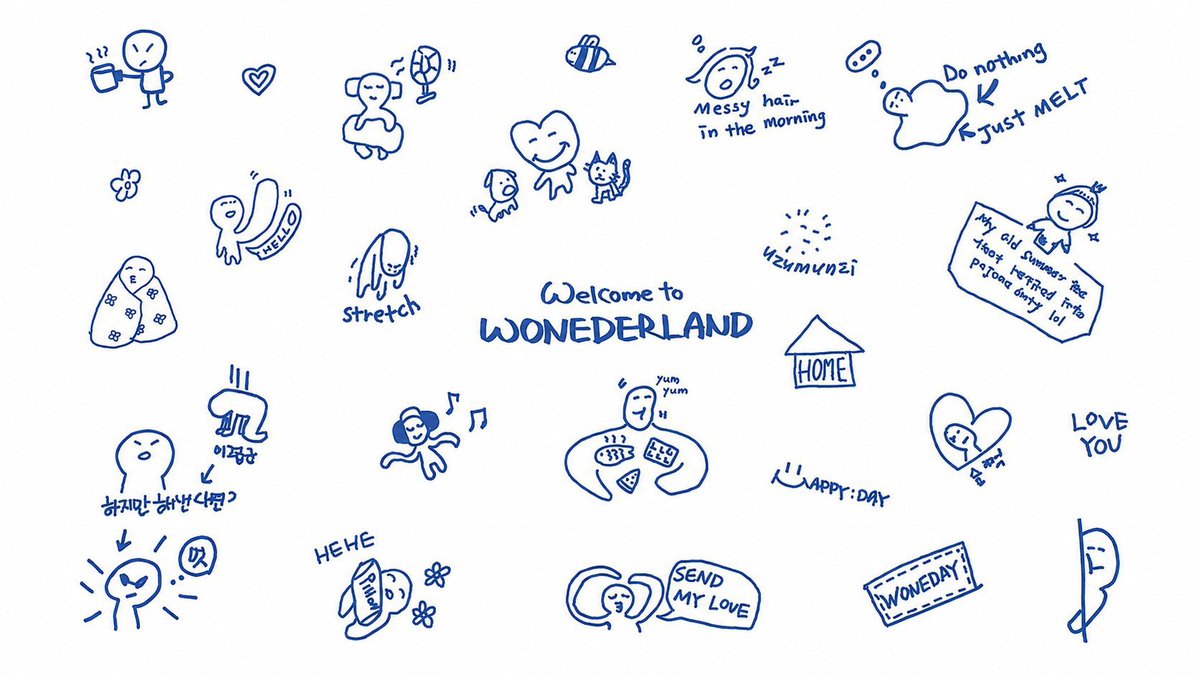 graffychi's tweet photo. #KimJiwon’s doodles 😃😍

Here is a breakdown of the meanings behind the various doodles, grouped by their themes:

🛋️ Lazy Days & Relaxing
•"Do nothing & just MELT": A puddle-like figure under a thought bubble, representing the ultimate state of relaxation where you completely unwind and "melt" into your bed or couch.
•"Messy hair in the morning": A simple face with unruly hair, capturing the relatable, unpolished look right after waking up.
•Blanket Burrito: A small character wrapped tightly in a polka-dot blanket, symbolizing warmth, comfort, and nesting at home.
•Peeking Figure: A character shyly looking out from behind a wall or door, capturing a quiet, introverted, or homebody mood.

🧘 Daily Comforts & Routines
•"Welcome to WONEDERLAND": The central text, which acts as a playful pun (likely blending a name like "Won" with "Wonderland") to introduce this personal sanctuary of comfort.
•"HOME": A simple drawing of a house, anchoring the entire theme of being safe and cozy indoors.
•"stretch": A figure bent over stretching, showing a gentle morning routine or a way to wake up the body.
•Morning Coffee/Tea: A character holding a steaming mug with a grumpy or tired expression, capturing the universal need for a warm drink to start the day.
•Listening to Music: A joyful figure wearing headphones with music notes floating around, representing finding happiness in favorite tunes.
•Enjoying Food: A character happily eating with "yum yum" text, showing the simple pleasure of a good meal or snack.

💕 Love & Positivity
•"SEND MY LOVE" & "LOVE YOU": Heart-shaped figures and text bubbles expressing affection, warmth, and connection with loved ones.
•"HAPPY DAY": A smiling face underlining the text, radiating a simple, positive vibe.
•Smiling Hearts and Animals: Various small doodles of hearts, a happy star-faced character, a little dog, a cat, and a bee adding a cheerful, whimsical atmosphere to the page.