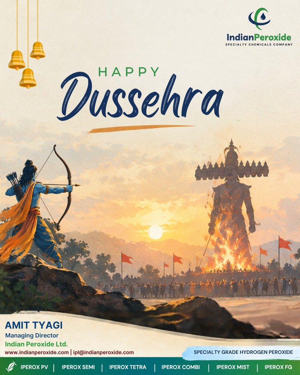 IndianPeroxide's tweet photo. Celebrating the timeless message of Dussehra—the triumph of good, the strength of conviction and the promise of a brighter tomorrow.
Happy Dussehra from Indian Peroxide Limited.

#dussehra #indianperoxidelimited #integrity #excellence #ipl https://t.co/hTrHeNNXTH