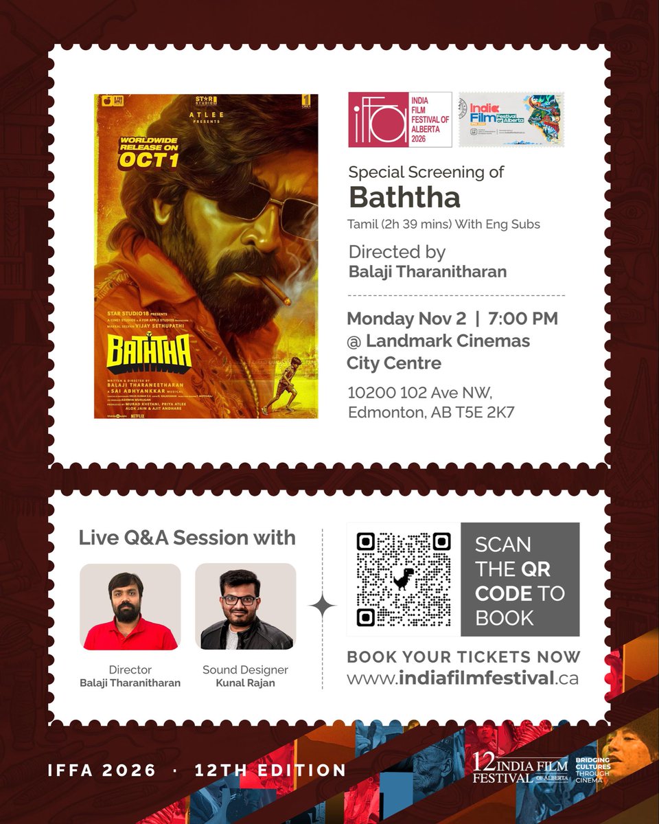 IFFA_Foundation's tweet photo. 🎬 IFFA 2026 TICKETS ARE NOW LIVE! 🎟️

14 Films | 6 Days | Oct 30–Nov 4
📍 Edmonton & Spruce Grove

🌟 Special screenings of Thaai Kizhavi & Baththa with LIVE Q&A sessions featuring filmmakers and artists!

🎟️ Festival passes & individual tickets available.

🔗 https://t.co/xIQgL82kLL

#IFFA2026 #IndianCinema #YEG