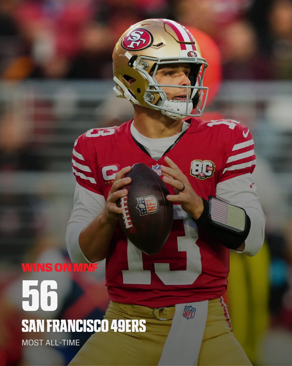 ESPNInsights's tweet photo. The 49ers get their 56th win on Monday Night Football, breaking a tie with the Steelers for the most all-time 🏈 https://t.co/3CvbgAyUOy