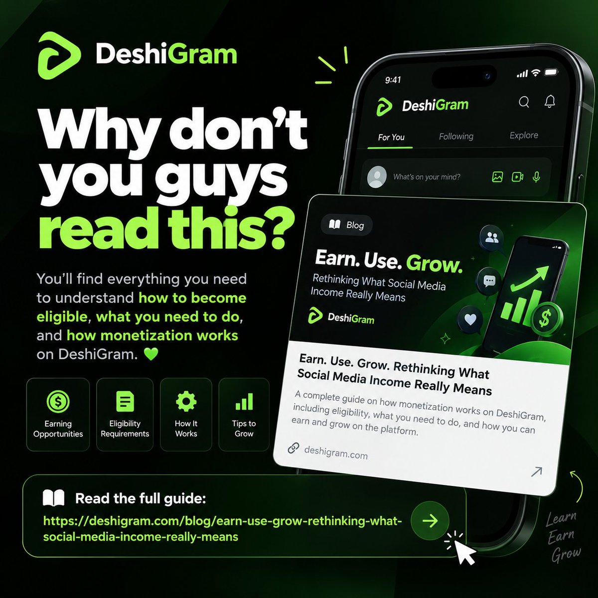 DeshiChainOrg's tweet photo. Why don’t you guys read this? 
You’ll find everything you need to understand how to become eligible, what you need to do, and how monetization works on @DeshiGram 💚

📖 Read the full guide: https://t.co/s3qkRYT2OT

#DeshiGram #DG #DeshiChain #DeshiCoin #contentmonetization https://t.co/hXrO4K6H48