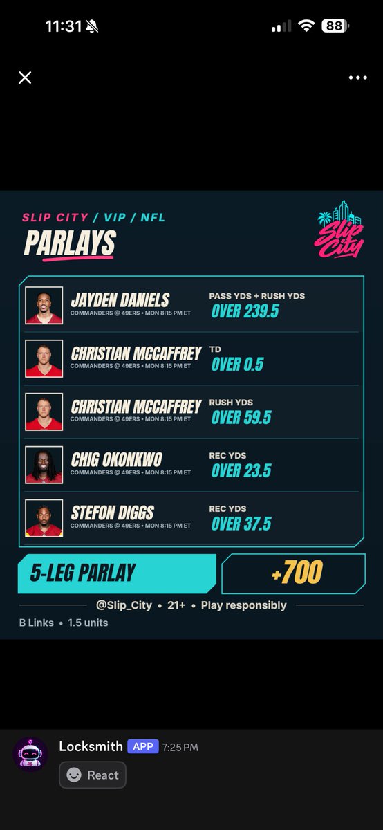 Slip_City's tweet photo. PROFITABLE MONDAYS 💰

5-leg MNF parlay CASHED ✅ +910
$10 → $101

✅ Jayden Daniels 240+ pass + rush yds
✅ Christian McCaffrey anytime TD
✅ Stefon Diggs 38+ rec yds
✅ Chig Okonkwo over 23.5 rec yds
✅ Christian McCaffrey 60+ rush yds

21+ • Play responsibly https://t.co/HTKloCTtvp