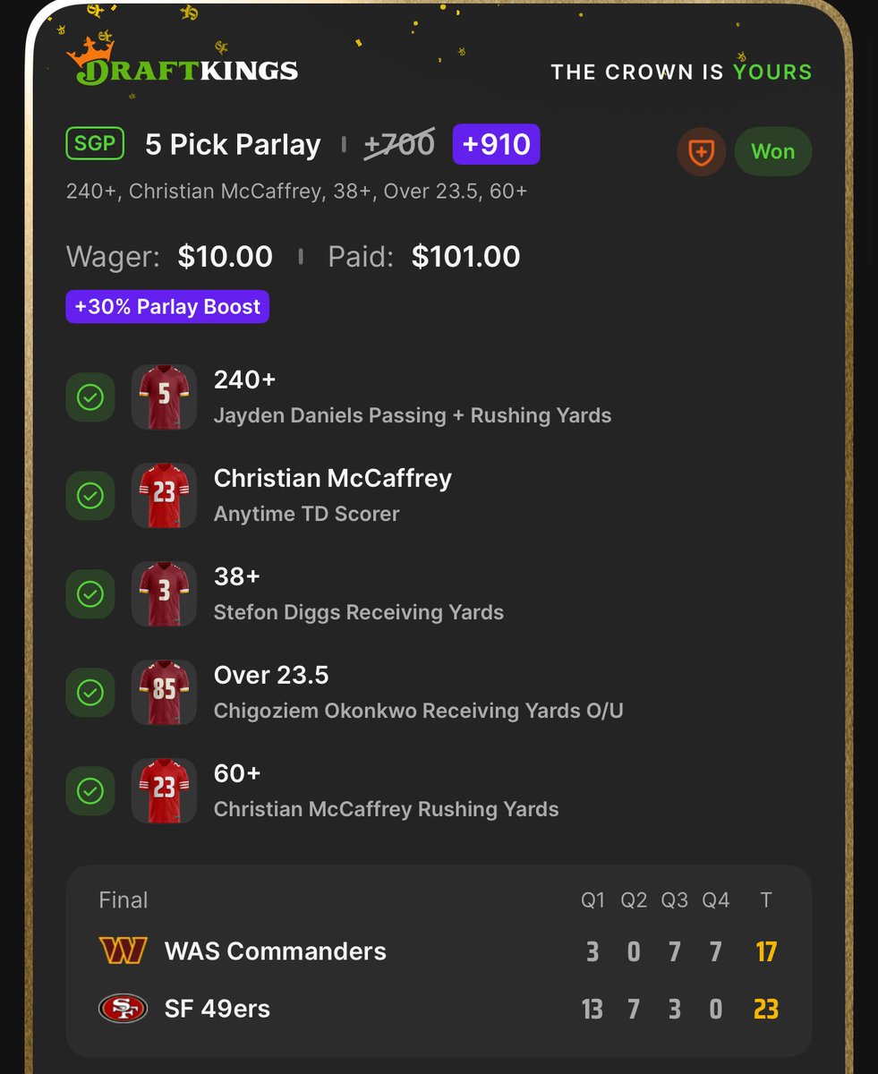 Slip_City's tweet photo. PROFITABLE MONDAYS 💰

5-leg MNF parlay CASHED ✅ +910
$10 → $101

✅ Jayden Daniels 240+ pass + rush yds
✅ Christian McCaffrey anytime TD
✅ Stefon Diggs 38+ rec yds
✅ Chig Okonkwo over 23.5 rec yds
✅ Christian McCaffrey 60+ rush yds

21+ • Play responsibly https://t.co/HTKloCTtvp