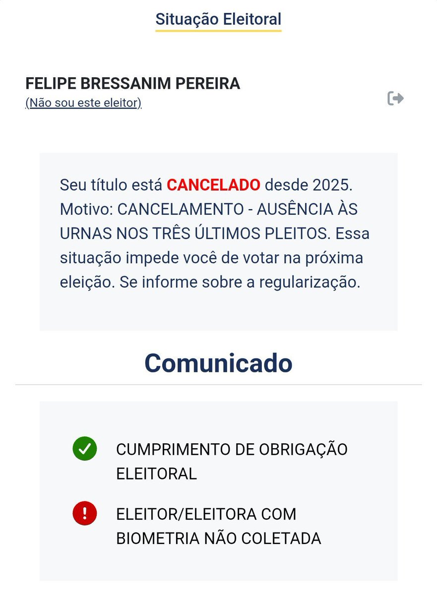 lucneedy's tweet photo. a fobia social do felca e tão grande que ele não foi votar nas 3 últimas eleições e está com o título de eleitor CANCELADO https://t.co/oT29Zw0b1j