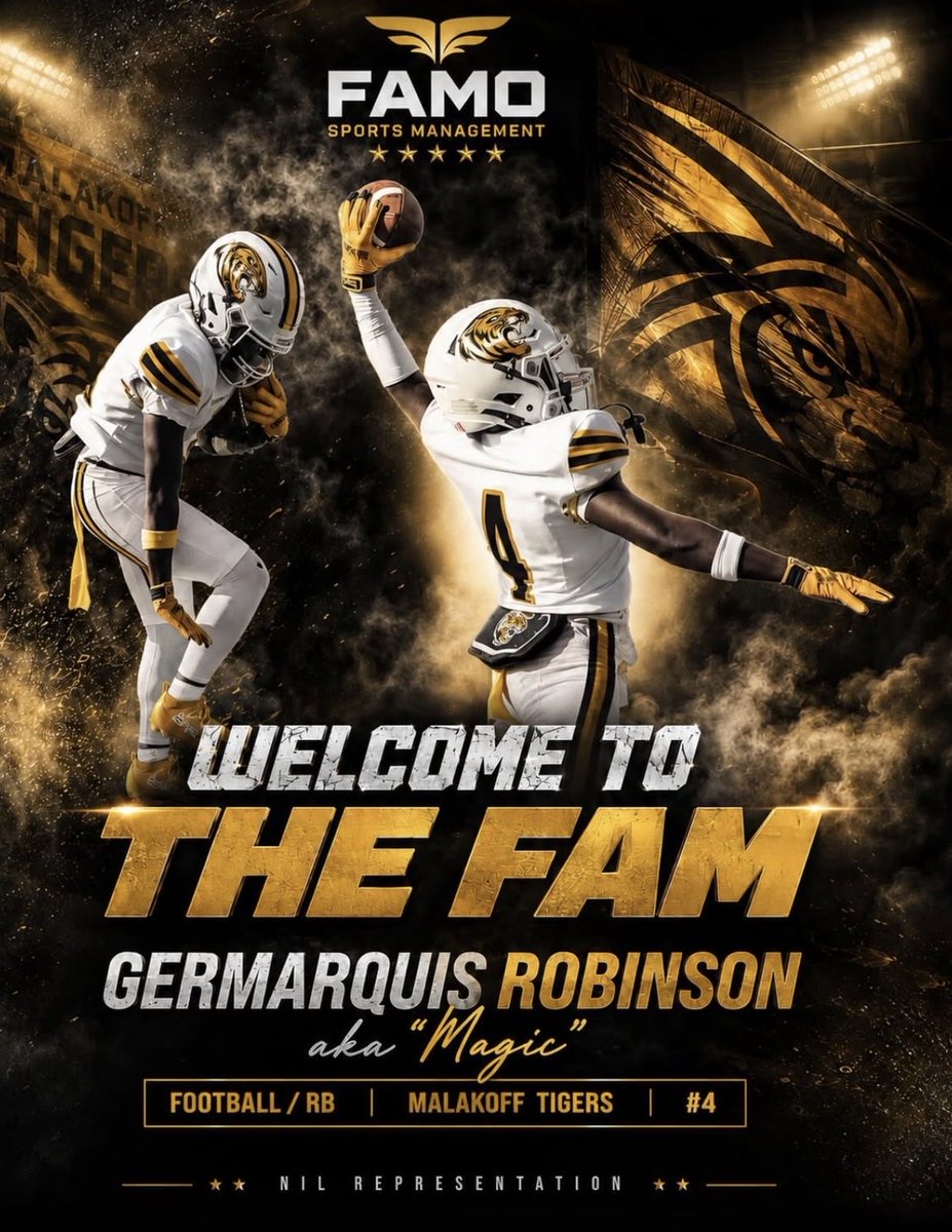 Sagt_CoachWade's tweet photo. Welcome to the Family @gRobinson_6 

Through 8 weeks GERMARQUIS ROBSINSON has surpassed 1200 yards and 18 touchdowns

As a freshman Magic amassed 1724 yards and 22 touchdowns with a state title! 

Offers from Col, UTSA, BC, APP STATE, Txst, SDSU, UConn, Baylor, UNT.

#FamoSports https://t.co/uUVtHpGhUV