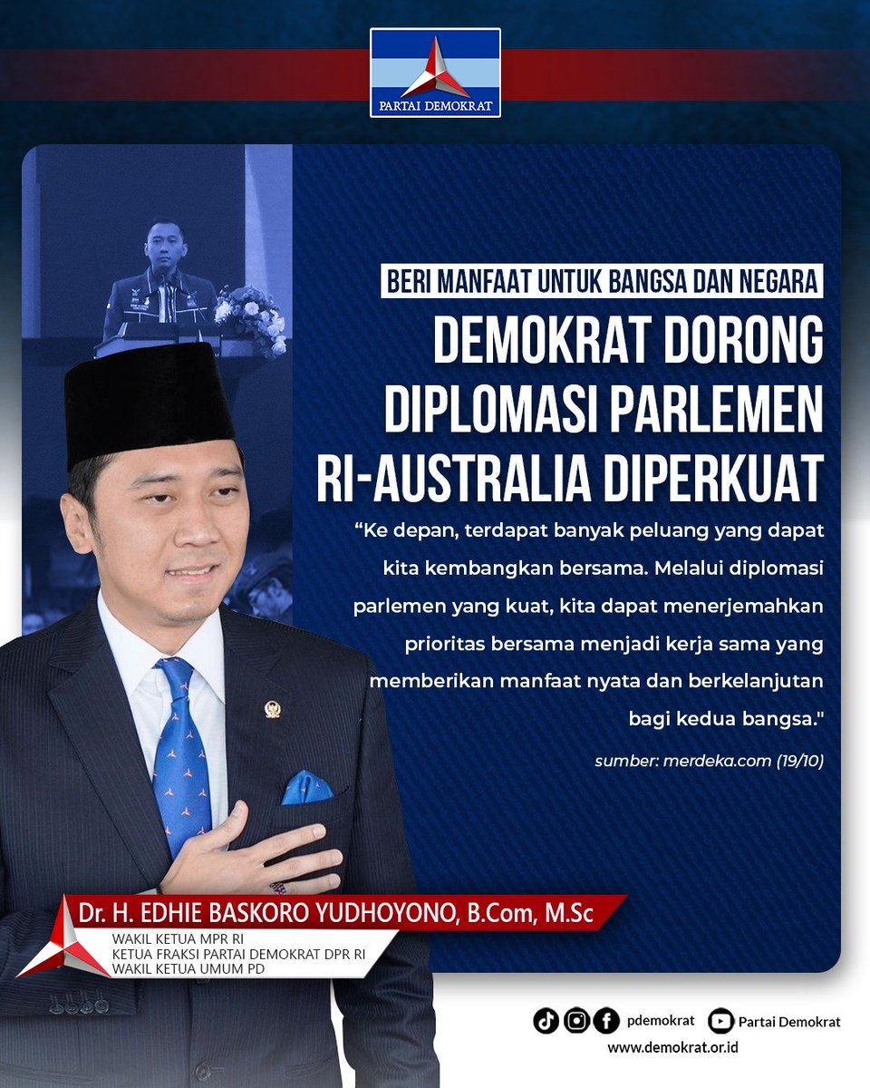 JatimDemokrat's tweet photo. Beri manfaat untuk Bangsa dan Negara, 
Demokrat dorong Diplomasi Parlemen RI - Australua diperkuat.
.
#pdemokrat #AHY #ibas #Demokratjatim #Jatim https://t.co/Haq5riwcjs