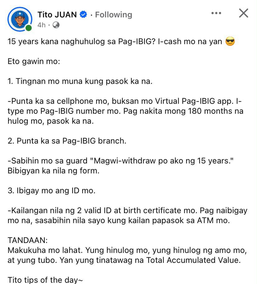 all4enhypen1211's tweet photo. this is accurate from Tito JUAN, however, it has its prerequisites to withdraw your Pag-Ibig contributions at your 15th yr.

Dapat WALANG LAPSE: Kailangan tuloy-tuloy ang hulog mo buwan-buwan sa loob ng 15 years (180 months total).

Bawal ang patlang: Kapag nabakante ka kahit 1–2 months lang (dahil halimbawa lumipat ka ng kumpanya o natigil sa pag-ibig), disqualified ka na agad sa 15-year optional withdrawal.

Zero Active Loans: Dapat cleared ka sa lahat ng utang—walang active na Multi-Purpose Loan (MPL), Calamity Loan, o Housing Loan.

1-Year Window: Kailangan mong mag-apply within 1 year mula nung maabot mo 'yung eksaktong 180th continuous payment mo.

#FinancialHacks #PagIbigFund #MoneyHacks