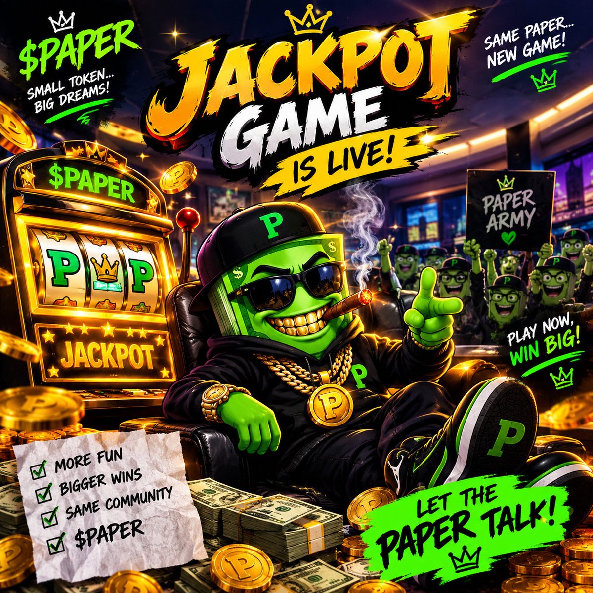 fushiguroofweb3's tweet photo. 🎰 JACKPOT MODE: ACTIVATED! 💰🔥

The new $PAPER jackpot game is here! 👀

Paper Army, it's time to join the fun and spread the word. 📄💚

Who's playing? 🚀

#PaperToken @Paperusdc @GrillzShillz https://t.co/lb1X59jx6j