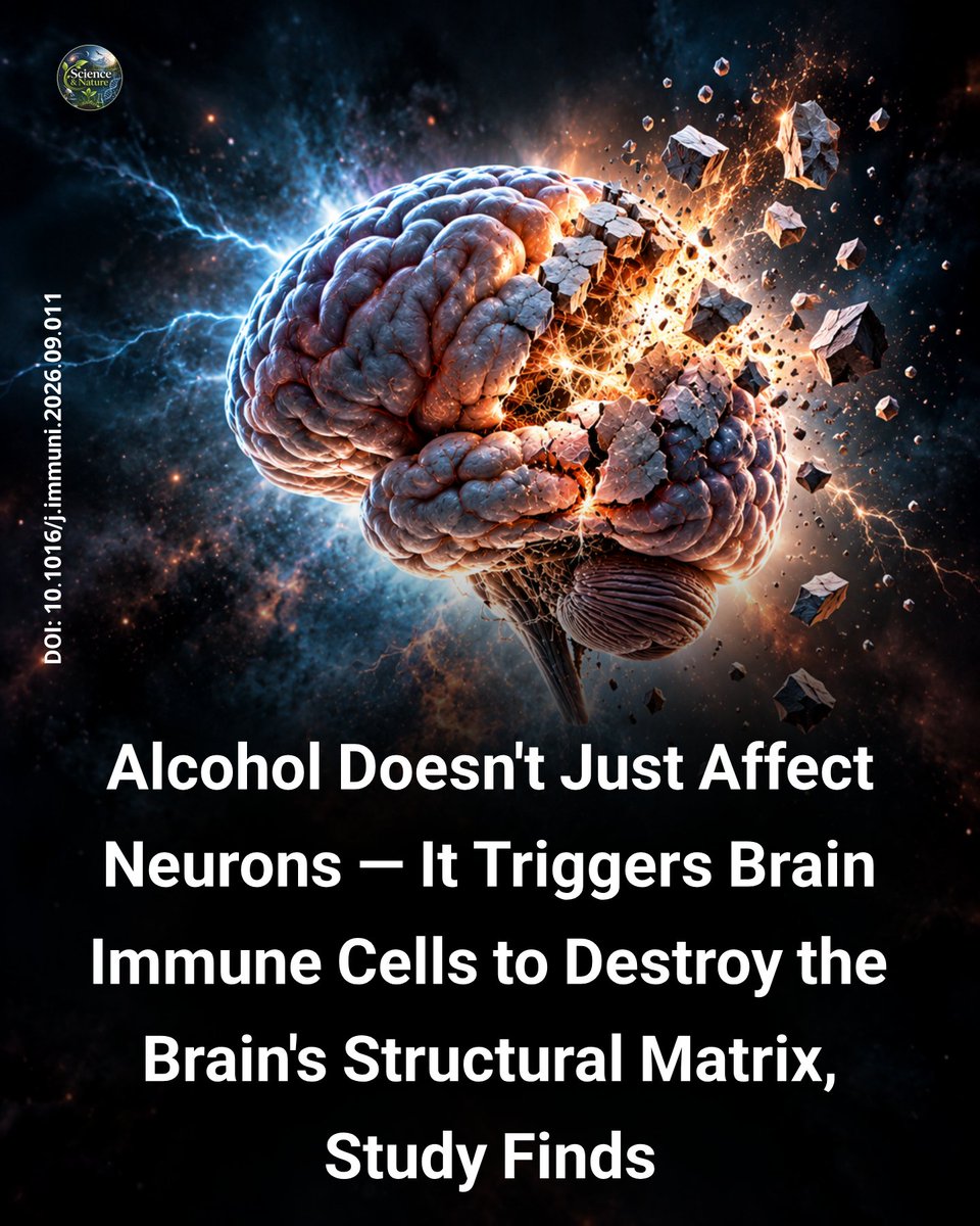 ScienceIsNew's tweet photo. Scientists have long assumed that the stumbling, sedation, and long-term brain damage caused by heavy drinking are the direct result of alcohol chemically poisoning nerve cells. However, a landmark 2026 study published in the journal Immunity by researchers at the Cleveland Clinic reveals that the brain's own immune system is the hidden culprit behind these effects.

Using real-time brain imaging during episodes of binge drinking, the team observed that specialized immune cells called microglia abruptly abandon their normal caretaker duties within minutes of alcohol exposure. Turning aggressive, these immune cells begin engulfing and digesting the extracellular matrix, a vital web of proteins and sugars that acts as the physical scaffolding holding neural connections together.

As this structural support dissolves, communication junctions between neurons break apart and overall brain activity drops sharply. When heavy drinking is repeated over time, this ongoing destruction leads to permanent cell death in the frontal cortex, a destructive pattern the researchers also confirmed in human brains affected by alcohol use disorder.

Remarkably, the researchers discovered that they could completely halt this damage by switching off a single immune signaling protein called MyD88 inside the microglia. When mice lacking this immune switch were given heavy doses of alcohol, their microglia ignored the alcohol entirely, leaving the brain's structural scaffolding and neural connections completely unharmed.

Even more surprisingly, despite having high blood alcohol levels, these protected mice kept their motor coordination and avoided falling into a sedative stupor. This proves that the classic physical symptoms of severe intoxication and long-term brain damage are heavily driven by an immune attack on the brain's structural matrix rather than alcohol acting on neurons alone, opening the door to entirely new treatments to protect the brain from alcohol abuse.

Paper Reference: Paouri E. et al., Microglia-mediated extracellular matrix disruption drives neuronal dysfunction, motor impairments, and sedation following alcohol abuse. Immunity (2026). DOI: 10.1016/j.immuni.2026.09.011