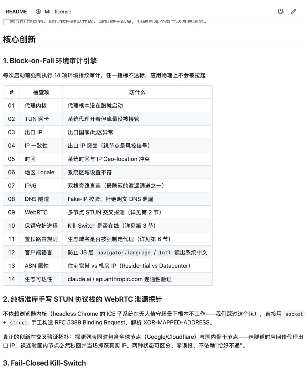 alin_zone's tweet photo. 还是 Claude 牛逼，封号都封出来多少个开源项目了，这个开源项目更是强。

简单说，claude-switcher 会在底层检查容易被封号的情况，一有问题，就不让 Claude 打开，或者直接把它关掉。

它主要做三件事：

1️⃣ 启动前先体检。每次打开 Claude 前，自动检查 14 项：代理开没开、出口 IP 是哪国的、时区和语言是不是还是中国、IPv6 和 DNS 有没有绕过代理。有一项不过，Claude 就不让启动。

2️⃣ 代理断了马上关掉 Claude。后台每 10 秒查一次，断了就直接关，保证真实 IP 不会漏出去。

3️⃣ 多账号切换。每个账号单独存一份登录状态和设备信息，在 Claude 看来，每个账号一直在同一台电脑上用。

非常适合在国内用 Claude 客户端的人，目前 Mac 版本已经比较稳定了，Windows 和 Linux 还在测试。