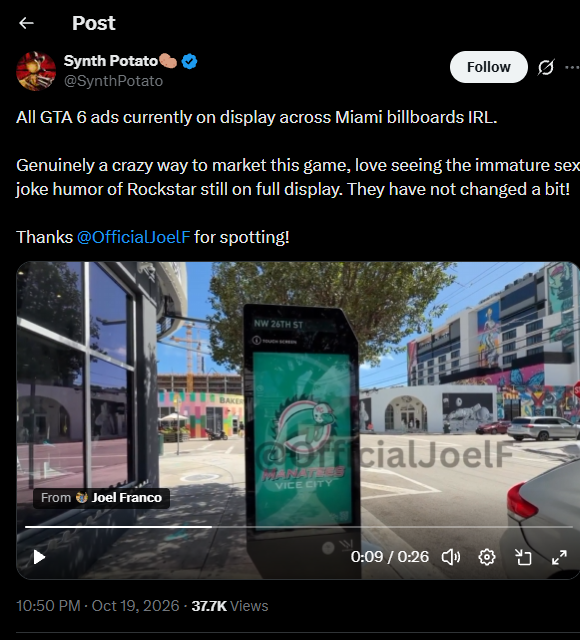 Innyonchain's tweet photo. Isn't this a pretty good narrative?

0:09

GTA VI is advertising &amp; hyping up the game all over Miami right now using billboards

One of the ads literally shows their own NFL team called Manatees?

https://t.co/dk92Z5C9qW https://t.co/c3okNAwWB0