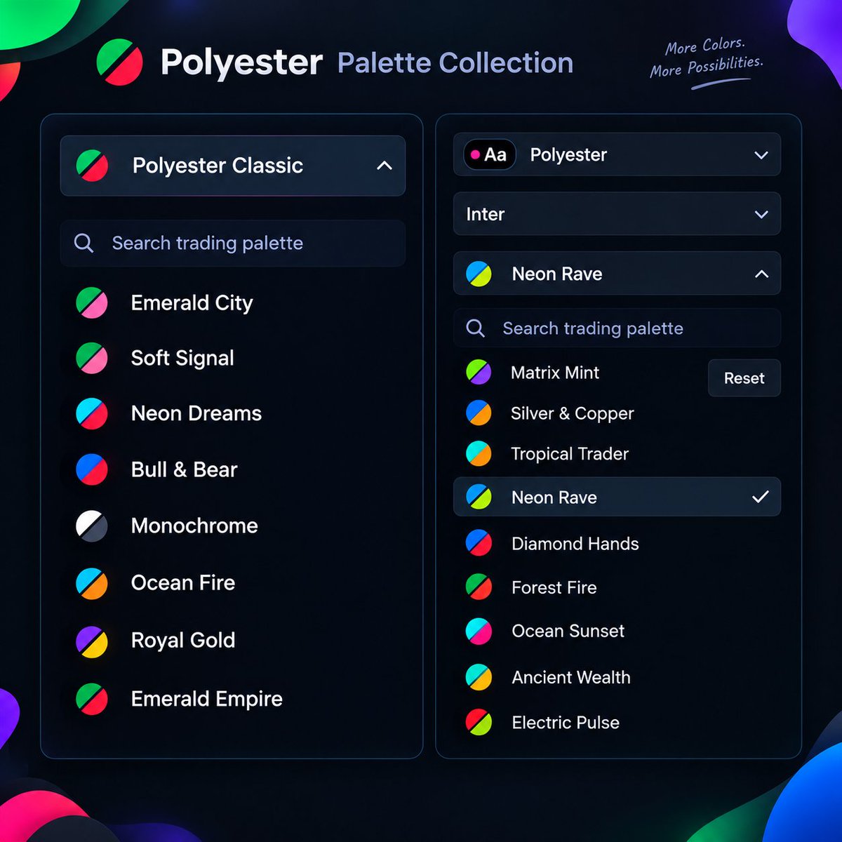 zameenkhata's tweet photo. Which one is You Favorite Color Palette at @polyester 🫵

Mine is : 💙💚Neon Rave 

💚❤️ Polyester Classic
💚❤️ Emerald Cassic 
💙❤️ Bull &amp; Bear
🤍🖤 Monochromic

💜💛 Royal Gold
💚❤️ Emerald Empire
💚💜 Matrix Mint
💙🧡 Silver &amp; Copper

Explore every Feature 🤝

#polyester https://t.co/oD2dlkukiW