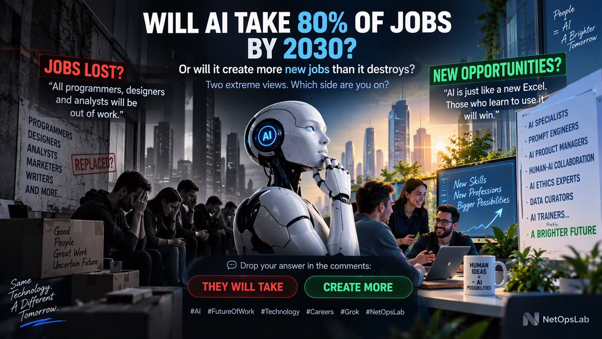 NetOpsLab's tweet photo. Will AI take away 80% of jobs by 2030?Or will it create more jobs than it destroys?I keep seeing two extreme camps:🔴 "Programmers, designers, analysts... everyone will be replaced."🟢 "AI is just the new Excel. The people who learn to use it will have a huge advantage."Personally, I think the truth is probably somewhere in between.What do you think?Comment:"Take jobs" or "Create more"
#AI #ArtificialIntelligence #FutureOfWork #AIJobs #CareerGrowth #Technology #Automation #MachineLearning #DigitalTransformation #Innovation #Grok #NetOpsLab