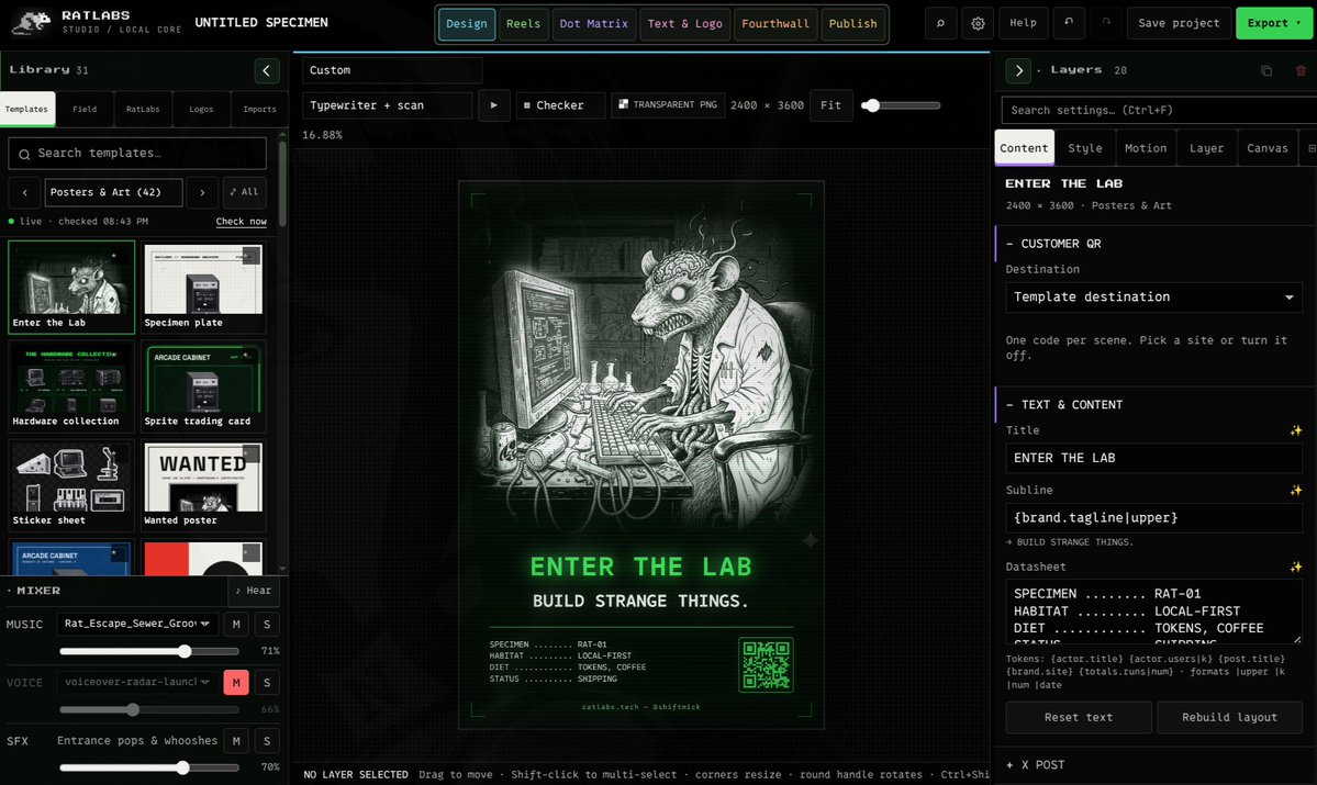 shiftmick's tweet photo. Trial#164🐀
RatLabs Studio:
 Is my local-first design studio that turns live apify, shop and blog data into on-brand posts, reels and badges . 
Have ElevenLabs and Fourthwall api keys plugged in too!
Will make modular and release in the future

#BuildInPublic #IndieDevs #ratlabs https://t.co/zlgigatqg8