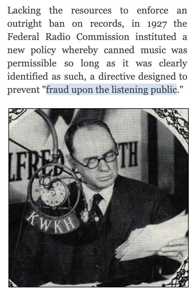 bocowgill's tweet photo. On AI disclosures: In 1927, regulators required radio broadcasters to disclose recorded music. Failure to do so constituted "fraud upon the listening public." 

As recordings became ubiquitous, gov't dropped the rule, saying the requirements "impose a needless burden on broadcasters and detract from the public's enjoyment of programs." 

Broadcasters argued it made more sense to label live programs --- everyone already knew that radio recordings were recordings by default. 

I think AI disclosure will follow a similar path. 

--