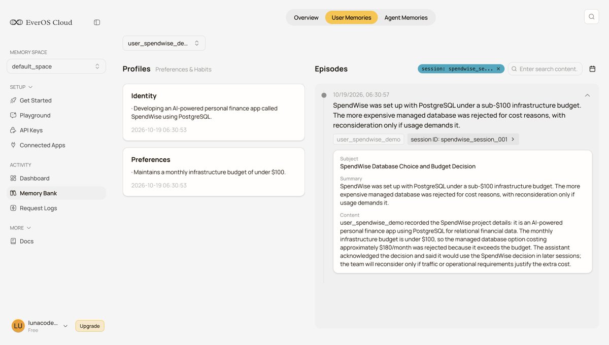 alohaproxy's tweet photo. I tested @evermind’s EverOS Cloud by giving an AI agent something important to remember: a project decision.

For my fictional SpendWise app, I saved:
→ PostgreSQL as the database
→ Infrastructure budget under $100/month
→ A managed database at ~$180/month rejected for exceeding the budget
→ Reconsider only if traffic or operational needs justify the cost

Then I opened a fresh session and searched EverOS for that decision. It retrieved the saved episode and profile, and the next-step recommendation respected those constraints, without resending the original decision.

That’s persistent memory in action: save context once, retrieve it later, and use it to inform the next task.