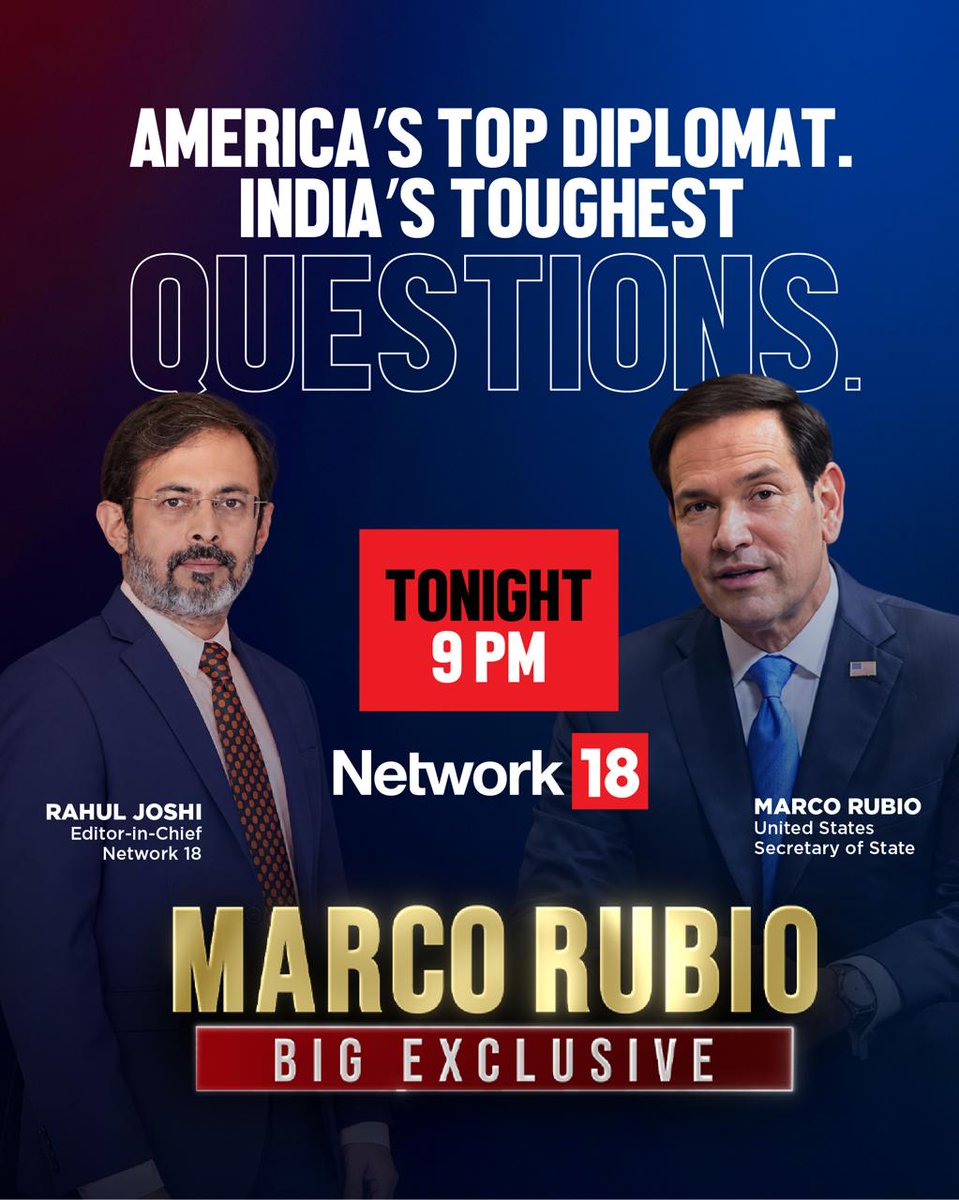 moneycontrolcom's tweet photo. #Network18Exclusive 🚨 | America’s top diplomat. India’s toughest questions. 🇮🇳🇺🇸🎙️

US Secretary of State Marco Rubio (@SecRubio) sits down with Network18 Managing Director and Group Editor-in-Chief Rahul Joshi (@18RahulJoshi) for an exclusive interview on Dussehra, in Mumbai.

What lies ahead for India-US ties? Stay tuned to Moneycontrol for the interview and updates.

📺 Watch LIVE at 9 PM: https://t.co/9YT66nKXPS

#MarcoRubio #RahulJoshi #IndiaUSRelations #Moneycontrol #Network18