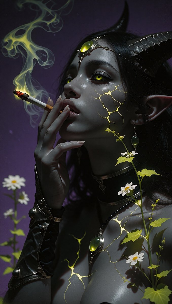 valnaztra's tweet photo. She smokes the ash of old prayers and smiles at what's left.

Would you follow her into the dark?

#AIart #AIartcommunity #darkfantasy #fantasyart #demongirl https://t.co/rqbb3PKgrY