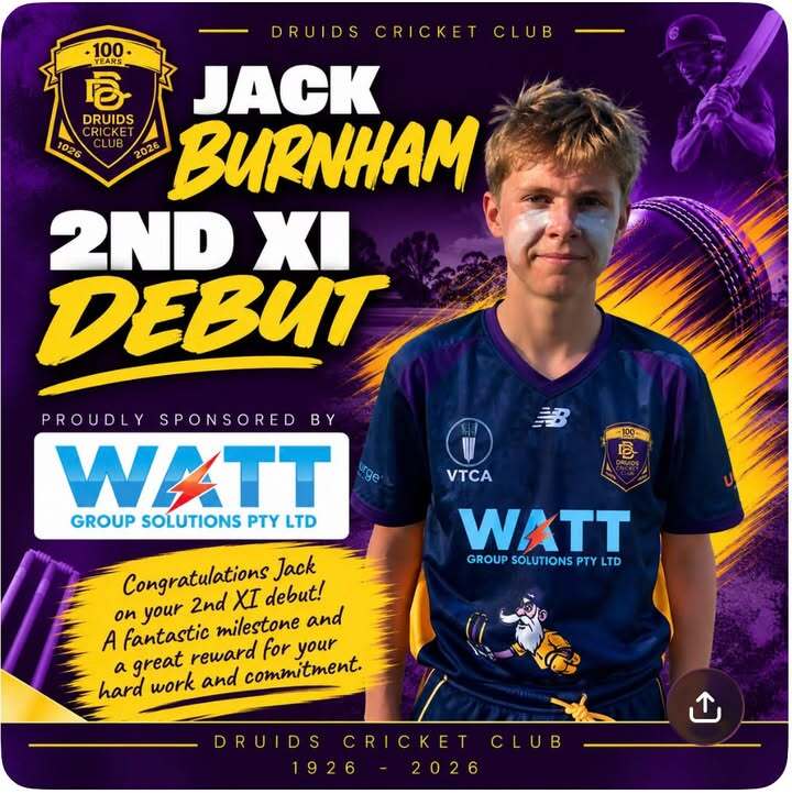 DruidsCC's tweet photo. A brilliant debut for Jack Burnham in the Druids Cricket Club 2nd XI. Setting his sights on twos cricket this season, JB was in everything Sunday at Dobson Reserve - bowling 8 overs and taking 2/21 at a pivotal point in the game, then backing it up with 24* with the bat 💜💛 https://t.co/EuW0wsBns1