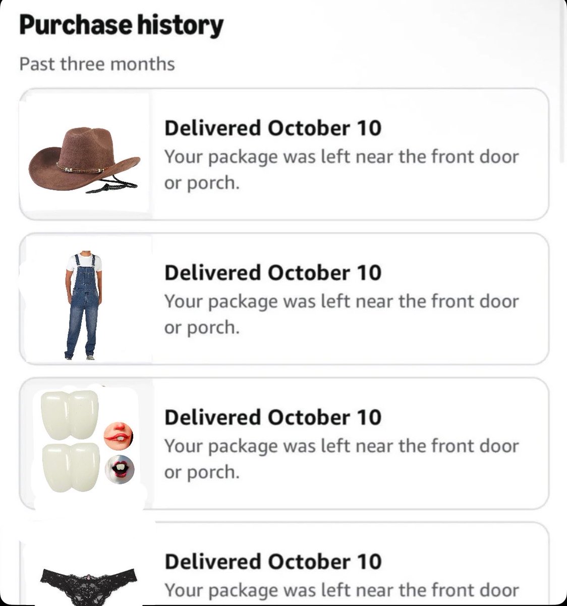 morrutee's tweet photo. whoever stole my package i hope you were planning to be cleetus this halloween https://t.co/THDLpvfZZz