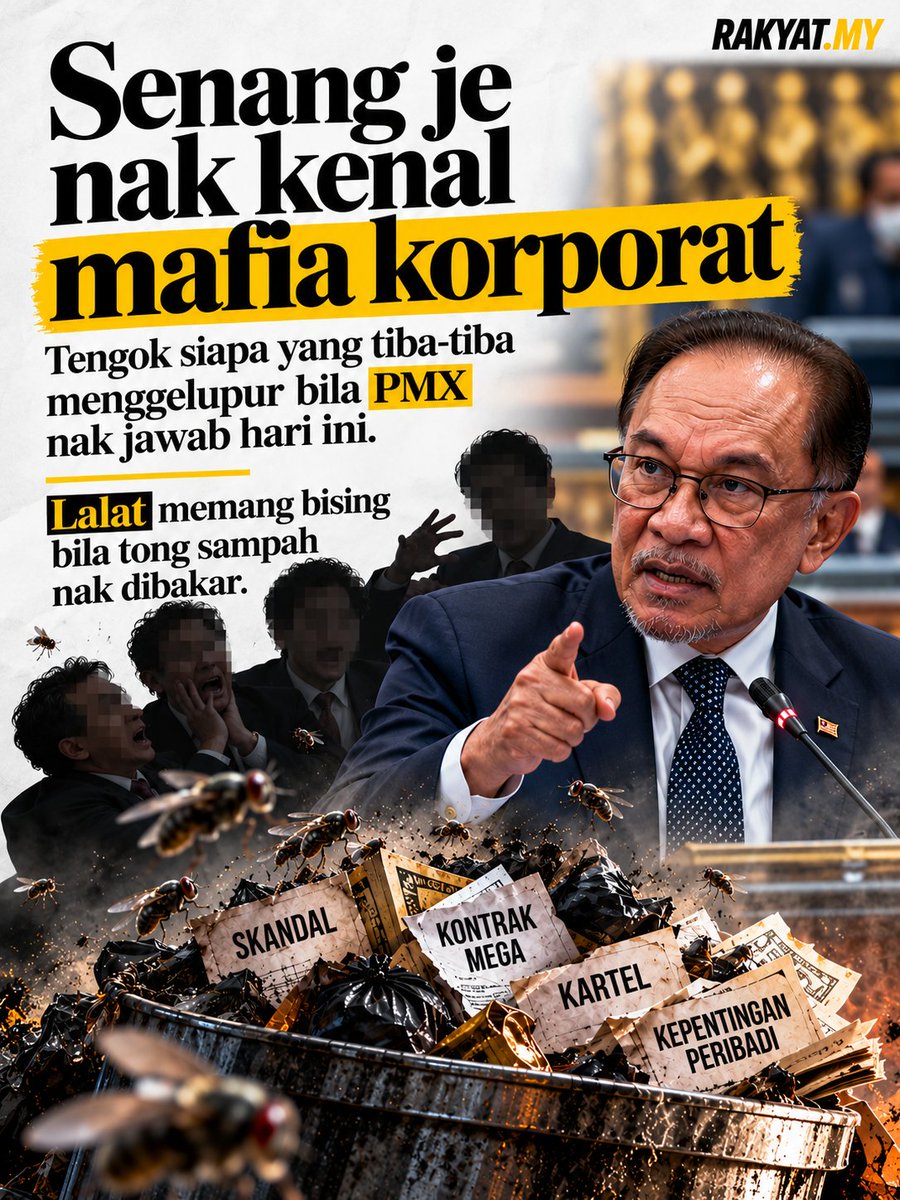 RakyatMy26's tweet photo. ADA YANG BAKAL MENGGELUPUR..

Senang je nak kenal mafia korporat - tengok siapa yang tiba-tiba menggelupur bila PMX nak jawab hari ni. Lalat memang bising bila tong sampah nak dibakar. https://t.co/QMDPIFCpQI