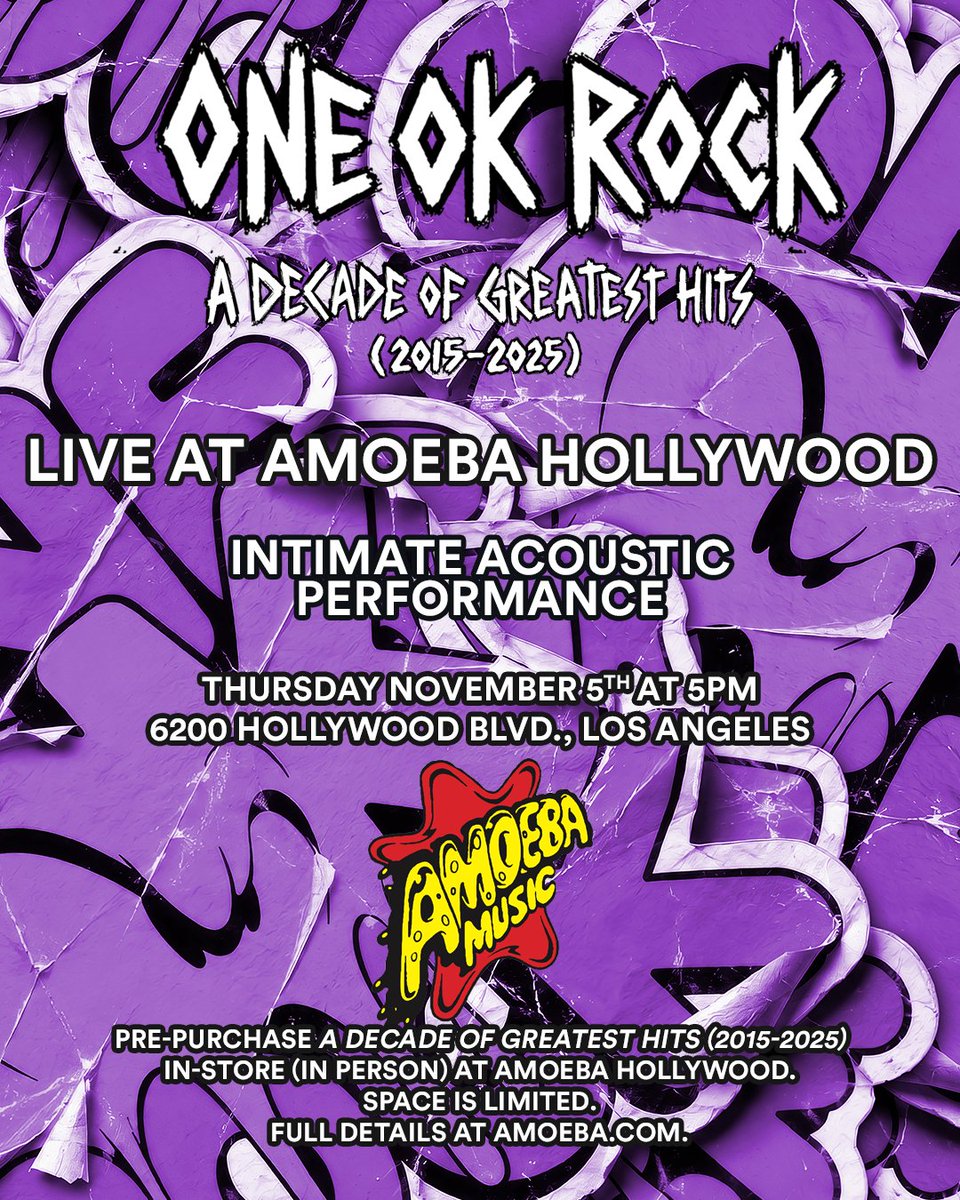 ONEOKROCK_japan's tweet photo. We will be doing a special acoustic performance @amoebamusic on Thursday, November 5 at 5pm!
To get a ticket for the show, pre-purchase A Decade Of Greatest Hits (2015-2025) on vinyl IN PERSON at Amoeba Hollywood.

Info: https://t.co/5MagsUMSfU

#ONEOKROCK https://t.co/QXVjhM3JOT