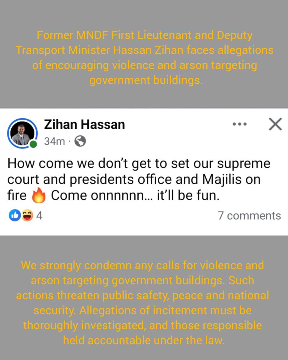ShumbaGong's tweet photo. ސިޔާސީ ގޮތުން ހިޔާލު ތަފާތު ވިޔަސް، ދިވެހި ދައުލަތުގެ މުދަލުގައި ހުޅުޖަހަން ގޮވާލާ، މީހުންގެ ޖިސްމައް ނުވަތަ ފުރާނައަށް ގެއްލުންދޭން ހިތްވަރު ދީނުމަކީ ބަލައިގަނެވޭނެ ކަމެއް ނޫން!

މީއީ ހިޔާލު ފާޅުކުރުމެއް ނޫން. މިއީ ޓެރަރިޒަމް! 

ހަރުކަށި ފިޔަވަޅު އެޅުމަށް ގޮވާލަން!

@PoliceMv
@min_mohst
