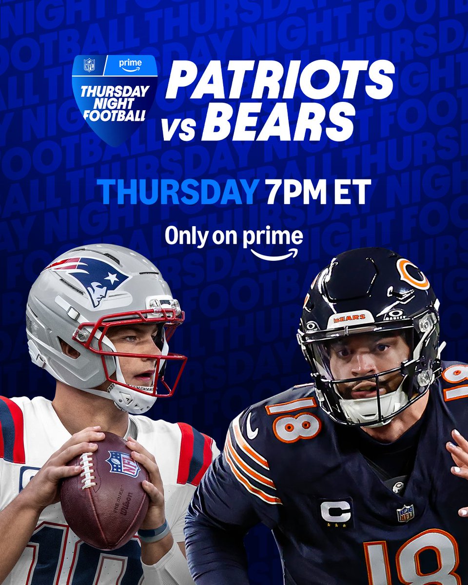 NFLonPrime's tweet photo. Two 4-2 teams. One Thursday night in Chicago. #TNFonPrime

Watch Patriots vs. Bears on @PrimeVideo | Thursday at 7pm ET https://t.co/UewmQj91Vp