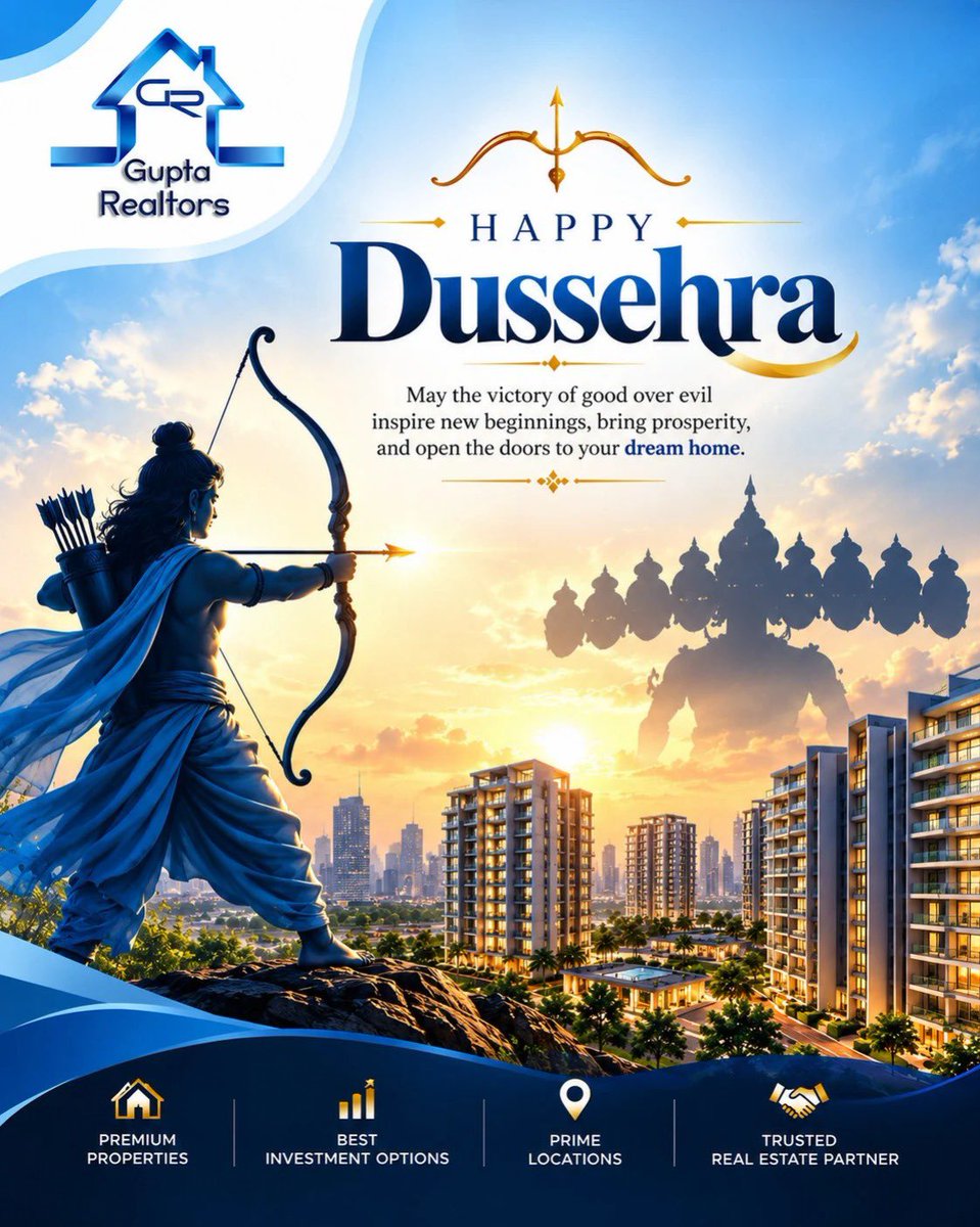 GuptaRealtors's tweet photo. 🙏 Happy Dussehra from Gupta REALTORS! 🙏

✨ May this auspicious occasion of Dussehra (Vijayadashami) bring happiness, prosperity, success, and new beginnings into your life.

#Dussehra #Dussehra2026 #Ramayana https://t.co/0134f9Vwkv