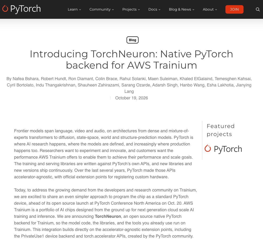 CalatheaAI's tweet photo. ⚡ Native PyTorch on Trainium

@awscloud’s TorchNeuron lets PyTorch models run on Trainium2 and Trainium3 through a native device backend. The Apache 2.0 beta code is public.

→ Move models and inputs to the 'neuron' device, with eager execution for debugging and torch.compile for optimized graphs
→ Deepgram reports about 60% more input audio seconds per dollar than its existing GPU baselines in its evaluated benchmarks
→ The current beta requires static shapes for torch.compile and does not include TorchAO integration

https://t.co/H86yPcTqb2

Code https://t.co/CxAxfPCyJc