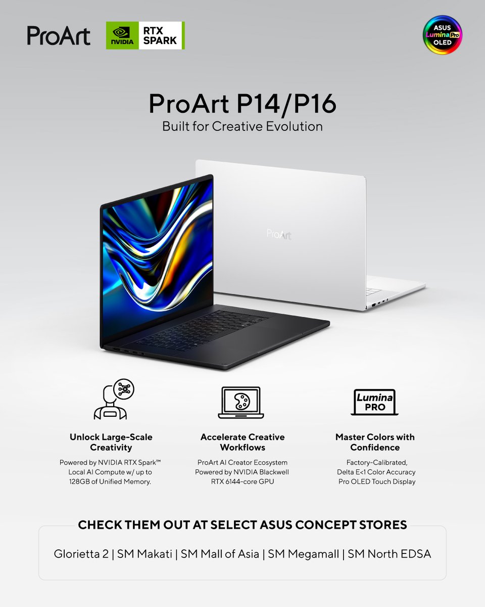 ASUSph's tweet photo. ⚡ Creative Evolution. Fully Loaded in the Philippines.​

Meet the new ASUS ProArt P14 and ProArt P16, the world's first creator laptops powered by NVIDIA RTX Spark™. 

 💻 ProArt P14 (H7407B): https://t.co/lppLJwIwyW
 💻 ProArt P16 (H7607B): https://t.co/myJVKLMXeS https://t.co/JcvC3KoKkk