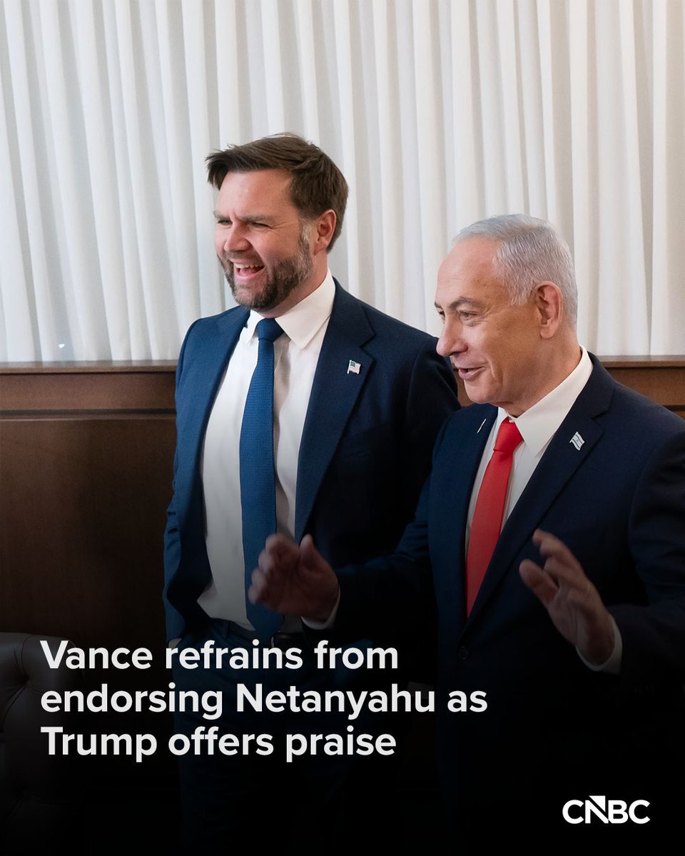 CNBC's tweet photo. U.S. Vice President JD Vance declined to endorse Israeli Prime Minister Benjamin Netanyahu, after President Donald Trump offered his backing for the leader’s reelection bid next week.

Vance said he was not criticizing Netanyahu: “I’m not anti-endorsing him. I’m not pro-endorsing him,” he said, adding that “I’m not getting involved in Israeli elections.”

Vance has weighed in on foreign politics before. He campaigned in Budapest in April to publicly endorse then-Prime Minister Viktor Orban’s reelection bid: https://t.co/AEmGF7M8FB