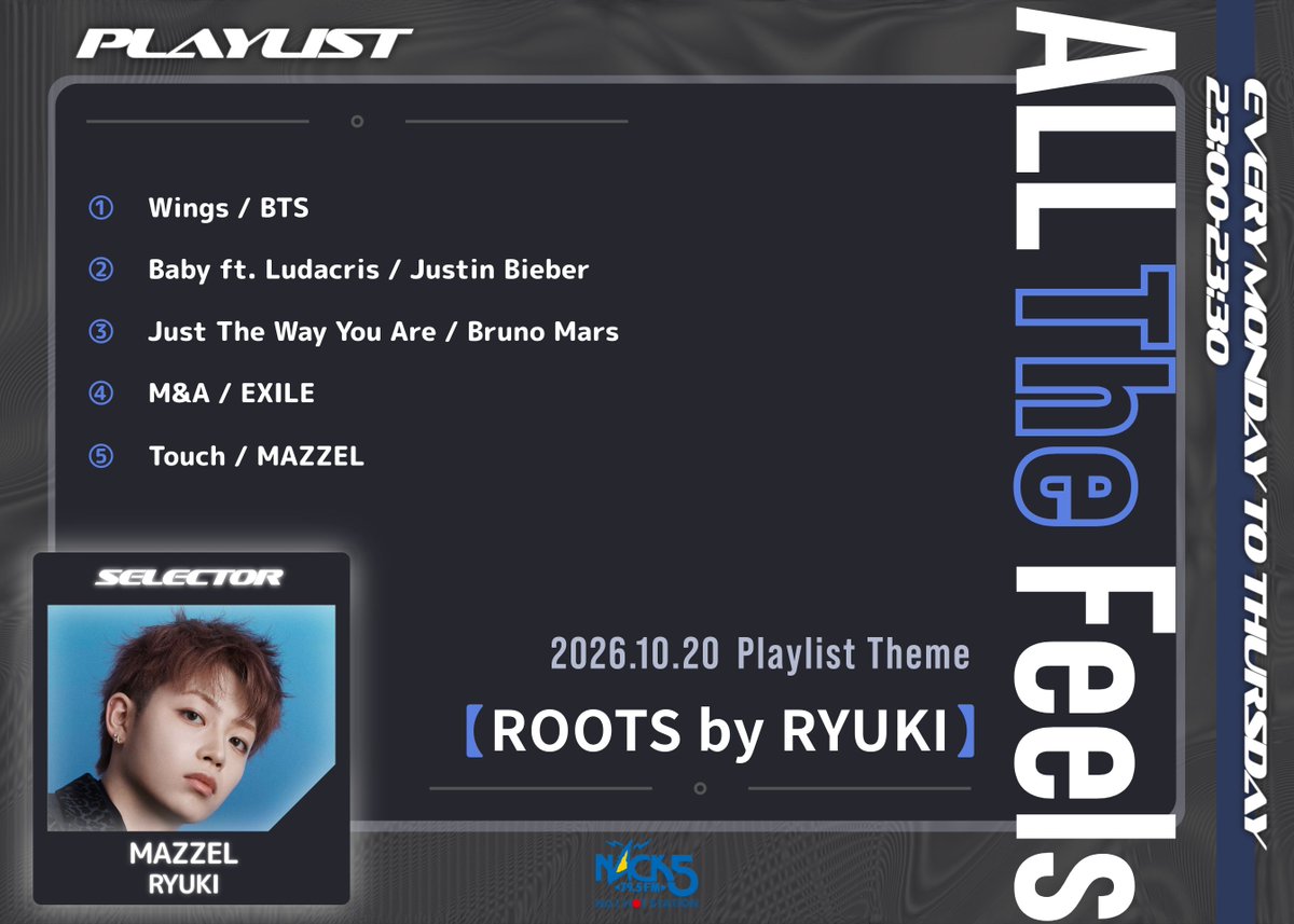 feels795's tweet photo. ▷ #feels795 ◁
┈ 10.20 (Tue) ┈

／

プレイリストテーマ【ROOTS by RYUKI】✨
by MAZZEL #RYUKI

＼

▼https://t.co/oOCac89HlR

@MAZZEL_official
#MAZZEL #MAZZEL_Touch https://t.co/tEuQErE32K