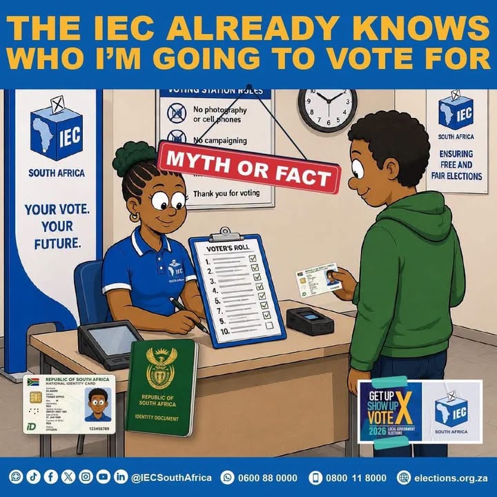 GovernmentZA's tweet photo. Does the IEC know who you vote for? NO!

Your ballot is 100% secret. 

DO NOT let myths or #MisDisinformation  stop you.

#LGE2026 #YourVoteMatters #GovZAUpdates https://t.co/VziZCaoZk2