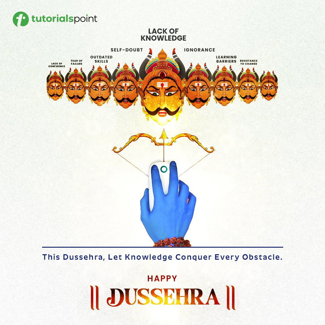 tutorialspoint's tweet photo. ✨ This Dussehra, let knowledge defeat ignorance and wisdom overcome every obstacle! 🏹📚

Happy Dussehra from TutorialsPoint! 🎉

#TutorialsPoint #HappyDussehra #PowerOfKnowledge #Learning https://t.co/Nn7GYg4pyE
