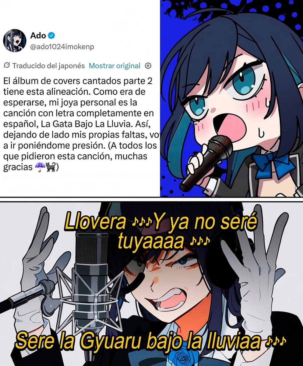 SomosKudasai's tweet photo. Ado cantara la Gata Bajo la Lluvia 100% en Español:

"Como era de esperarse, mi joya personal es la canción con letra completamente en español, La Gata Bajo La Lluvia. Así, dejando de lado mis propias faltas, voy a ir poniéndome presión. 

A todos los que pidieron esta canción, muchas gracias"