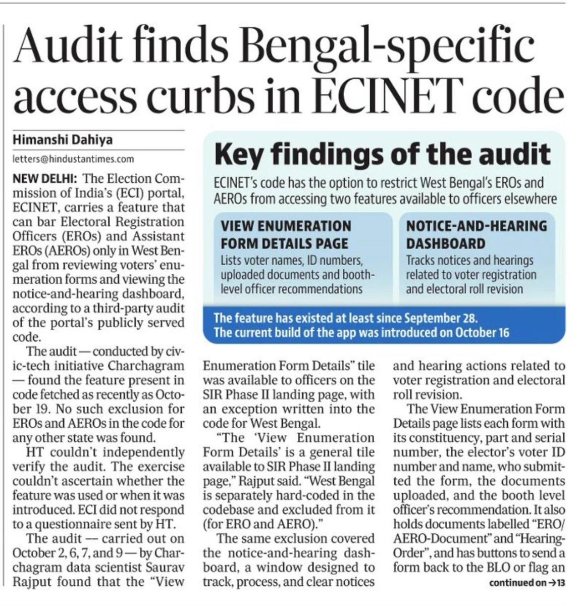 SushantSin's tweet photo. Wow, what a criminal racket Gyanesh and gang have been running in the ECI. Hardcoded exclusion in ECINET code for EROs and AEROs, only in West Bengal, to prevent them from reviewing voters' enumeration forms and viewing the notice-and-hearing dashboard. https://t.co/aKDrOWlnQ1