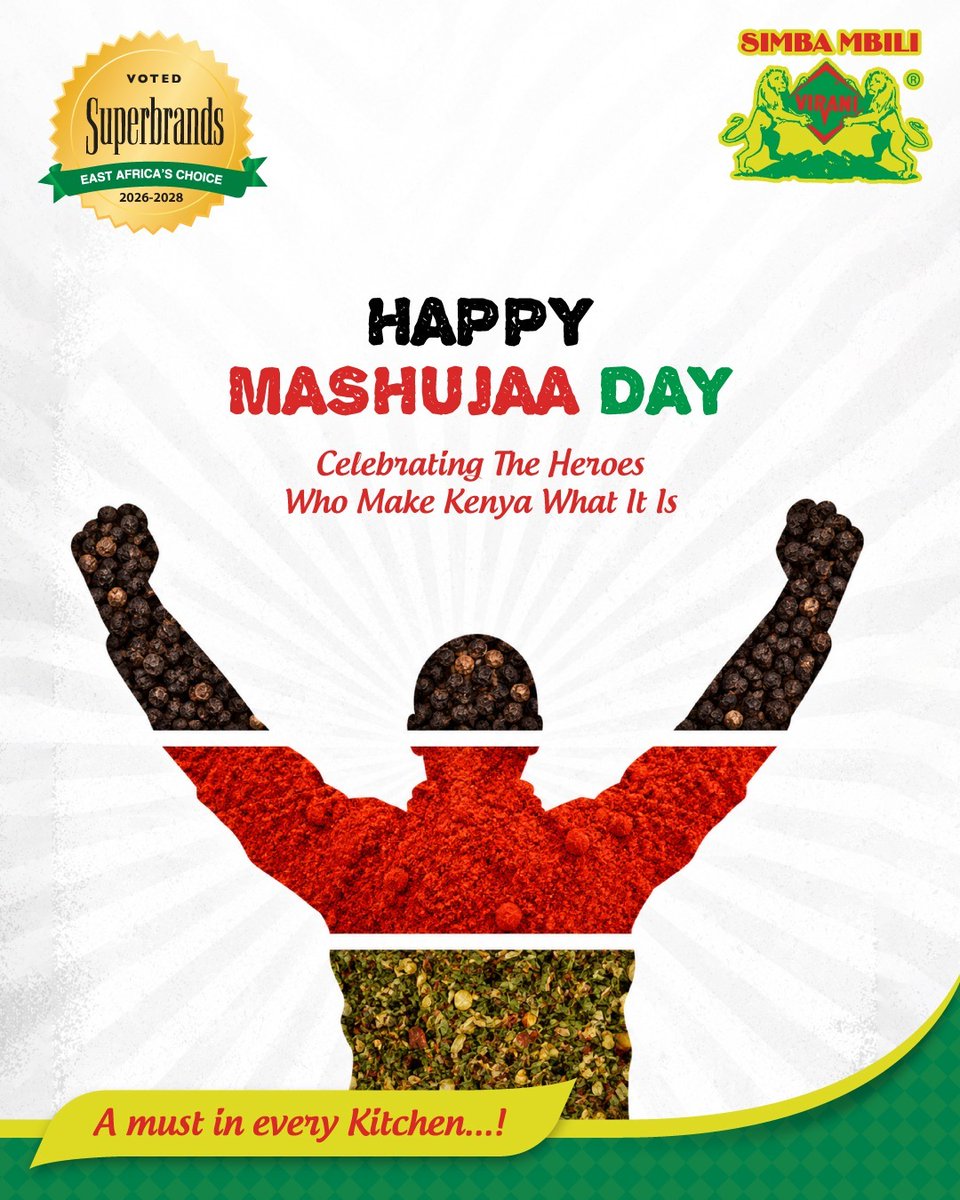 simbambilispice's tweet photo. Some heroes made history, while others ensure there's food on the table. Mashujaa Day honors all heroes, who keep Kenya thriving. 🇰🇪 Here’s to those who work hard, care deeply & show up every day!
Happy Mashujaa Day, Kenya.
#SimbaMbili
#MashujaaDay
#KenyanHeroes
#ProudlyKenyan https://t.co/Oo3smPfi68