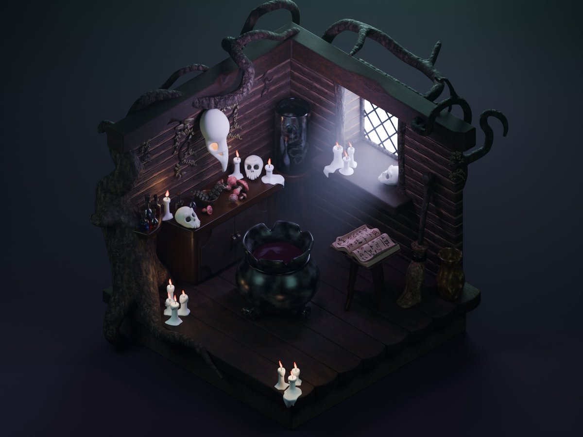 n_code99's tweet photo. Witch's Room 🕯️🎃

A little project inspired by this spooky season, bringing to life a cozy corner filled with magic and mystery. 

#blender #render #3dmodel #halloween https://t.co/6FZVE6WaiD