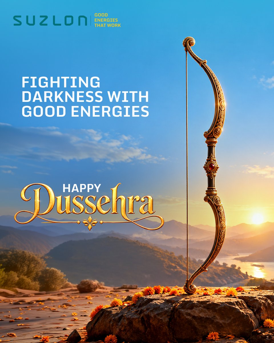 Suzlon's tweet photo. This Dussehra, we celebrate the power of good energies to overcome darkness, create positive change, and light the path forward.

May the triumph of good inspire hope, resilience and new possibilities for all.

Happy Dussehra.

#HappyDussehra #GoodEnergiesThatWork #Suzlon https://t.co/AZ9uKE187U