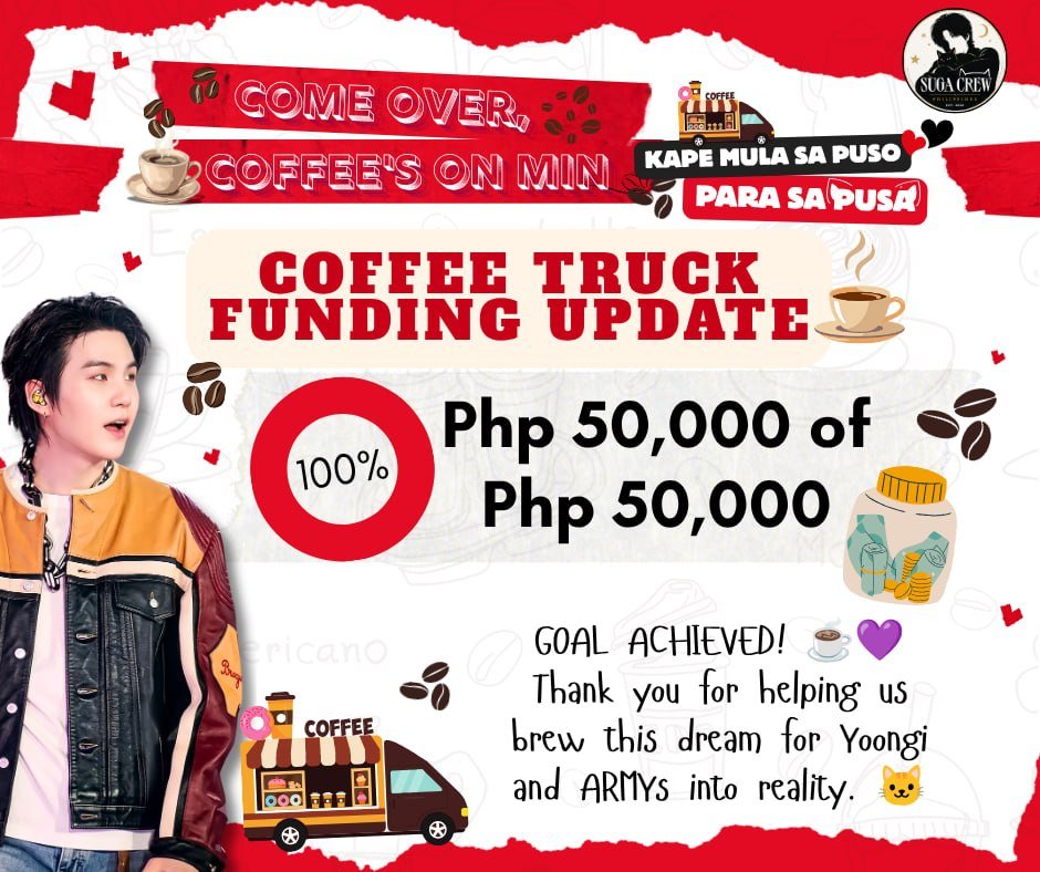 SUGAcrew_PH's tweet photo. A DREAM BREWED WITH LOVE. ☕️💜

We started with a dream, and you helped us bring it to life. 😭
Thank you to every donor, sponsor, and ARMY who supported us along the way. Because of you, we've reached 100% of our funding goal! D2 Coffee Truck is secured! 🐱

BUT https://t.co/quZWJmiHlA