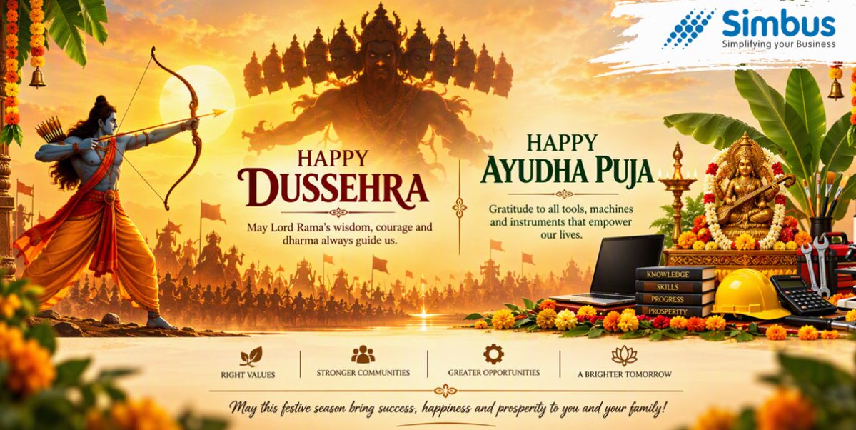 SimbusTech's tweet photo. Happy Ayudha Puja and Dussehra from all of us at Simbus.
On this special occasion, we thank our team, clients, and partners for their trust and support throughout our journey. May the festive spirit bring you prosperity, success.
#Simbus #Kinaxis #Databricks https://t.co/cFedrDNUrb