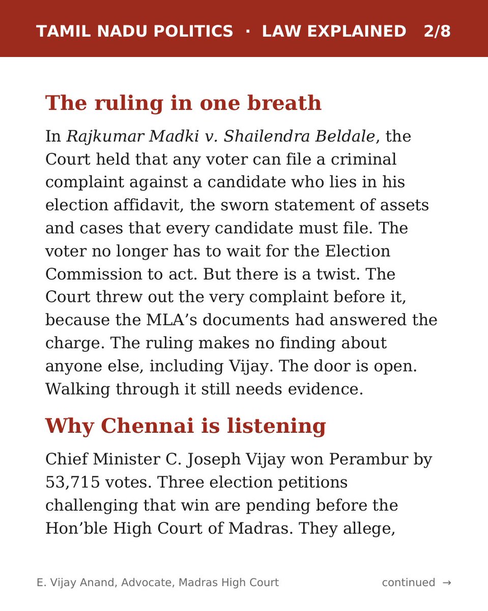 VIJAYANAND_ADV's tweet photo. One Supreme Court ruling, a new weapon for the opposition. How can it be used against Tamil Nadu CM Vijay, and what should really worry him? Law explained for everyone 👇
#TNPolitics #CMVijay #SupremeCourt #ElectionPetition #LawExplained https://t.co/zkaMb41fv5