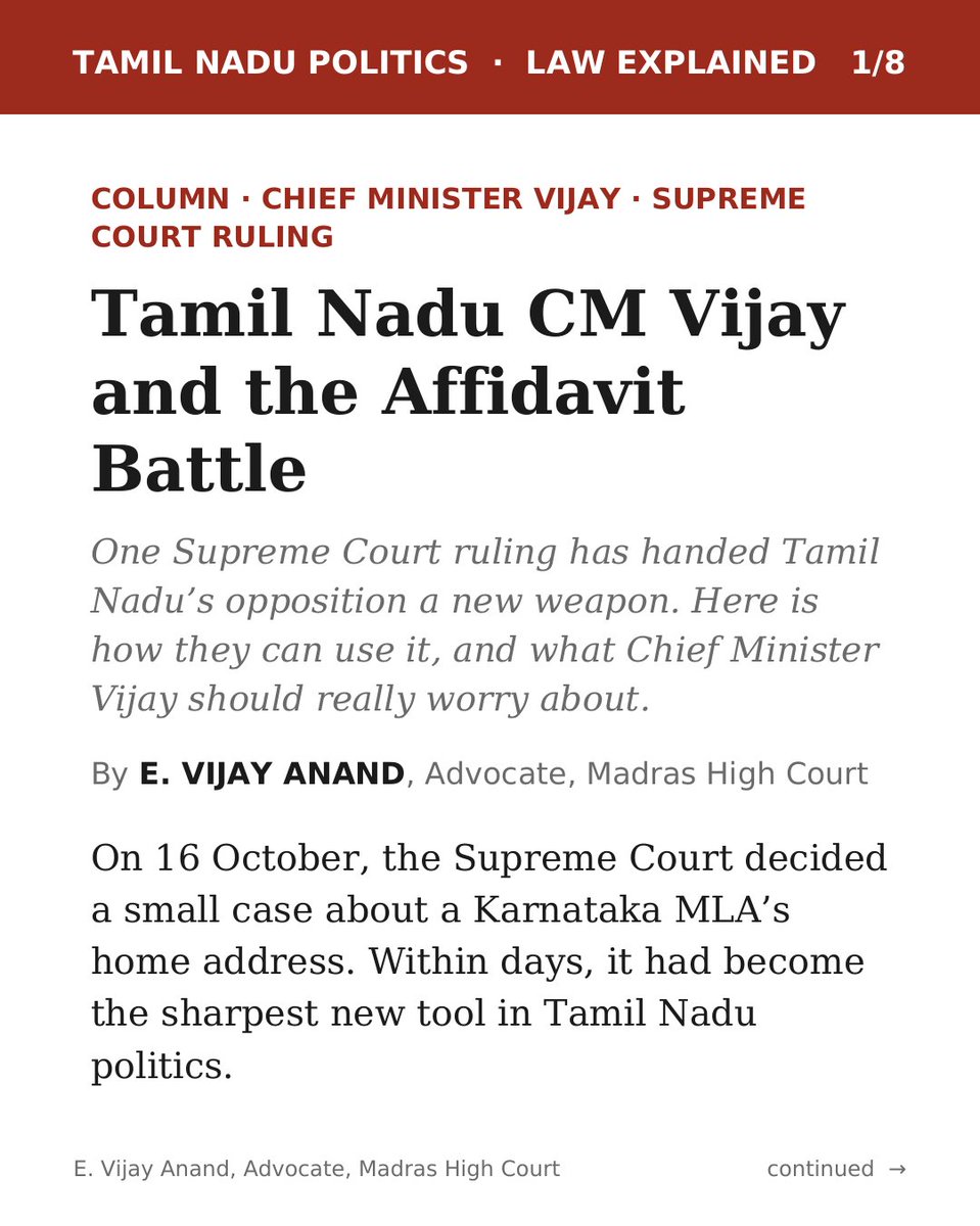 VIJAYANAND_ADV's tweet photo. One Supreme Court ruling, a new weapon for the opposition. How can it be used against Tamil Nadu CM Vijay, and what should really worry him? Law explained for everyone 👇
#TNPolitics #CMVijay #SupremeCourt #ElectionPetition #LawExplained https://t.co/zkaMb41fv5