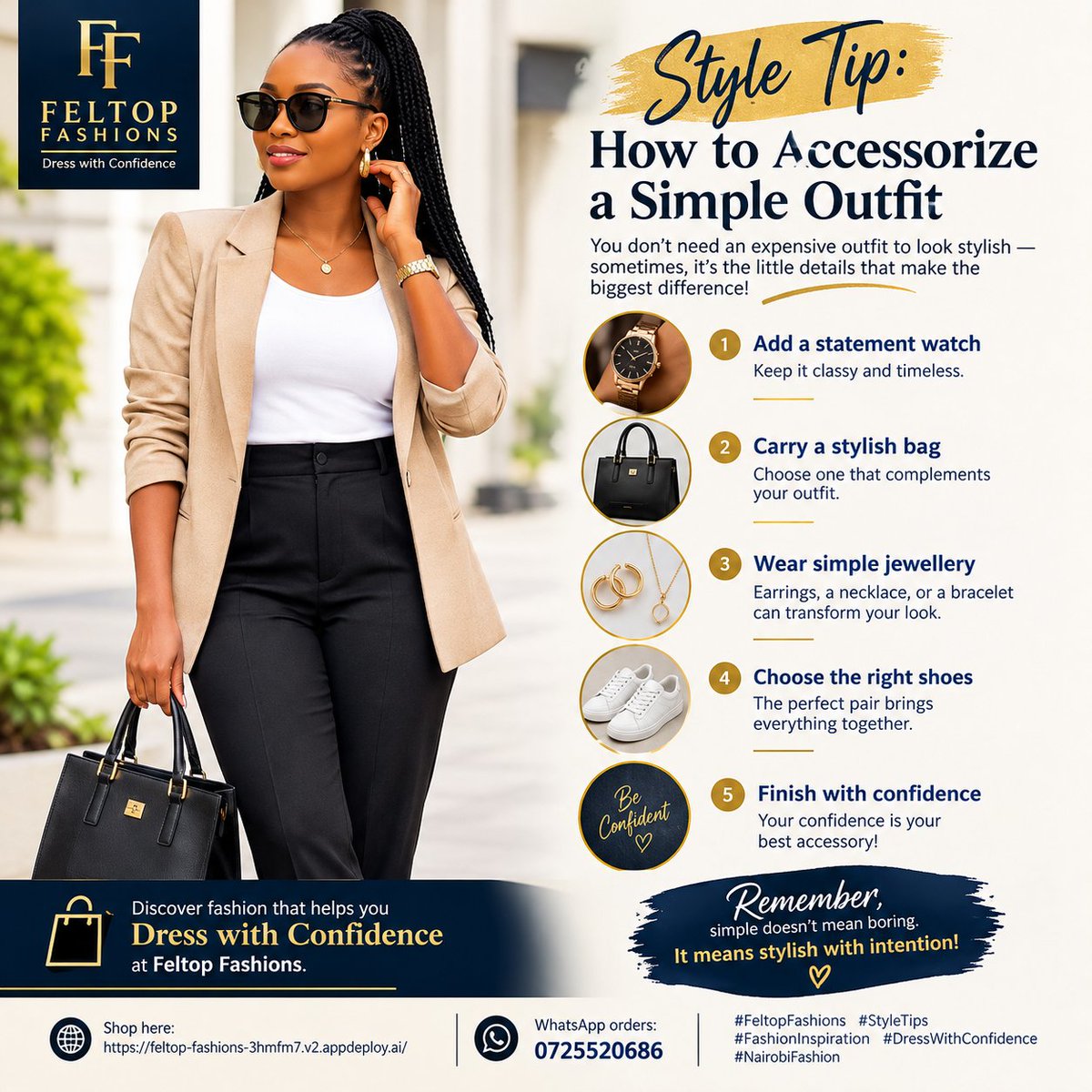Feltopfashions's tweet photo. ✨ Style Tip: Elevate a simple outfit with a stylish bag, elegant jewellery, a classy watch & the right shoes. 👗👜
Small details. Big impact! 🔥
Shop Feltop Fashions 🛍️
📲 0725520686
🔗 https://t.co/sqjmKmRljo
#FeltopFashions #StyleTips https://t.co/CoVsd0fPH5