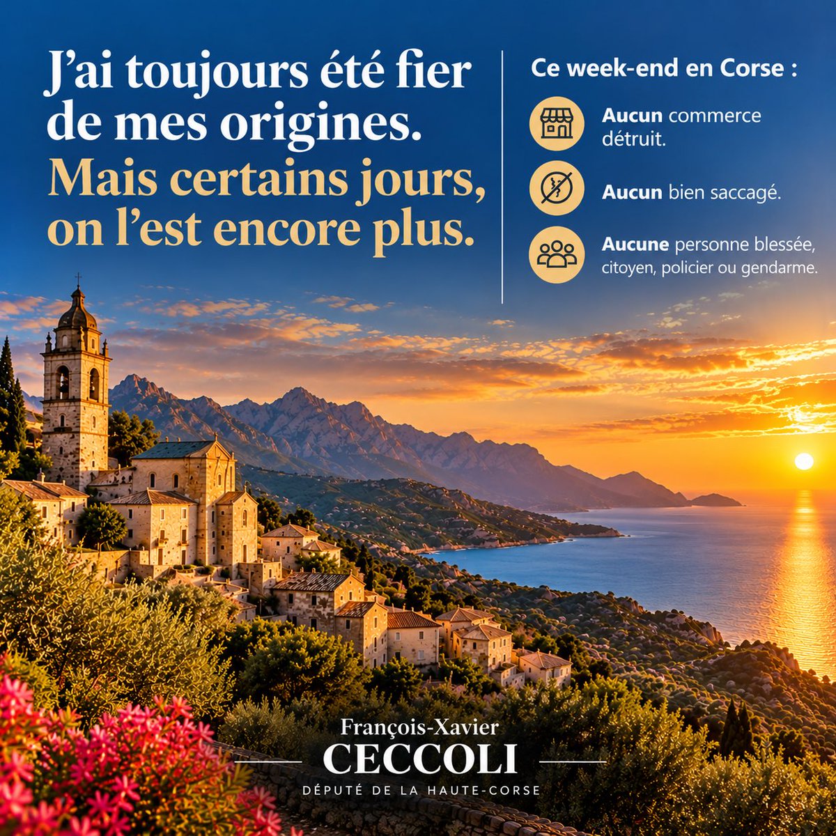 FXceccoli's tweet photo. Après ces terribles émeutes, un petit mot pour nous rappeler que notre Île est aussi un refuge. Elle protège les siens et aussi ceux qui s’en montrent dignes en respectant son histoire, ces traditions, ses valeurs. Tout simplement son Identité.

La Corse doit rester la Corse.
Ces voyous, ces casseurs n’ont pas leur place chez nous.