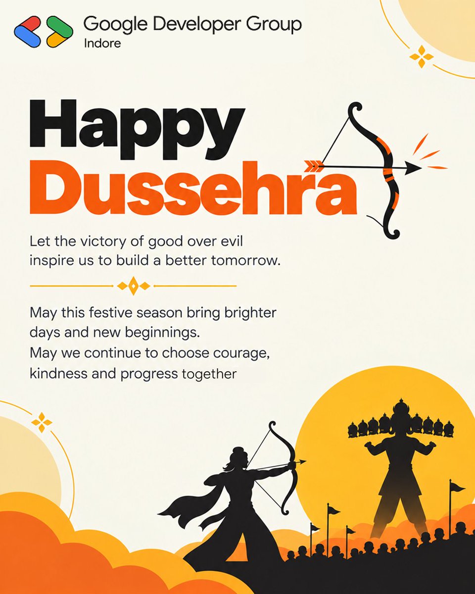 GDG_Indore's tweet photo. πΉ Happy Dussehra from GDG Indore!
May the victory of good inspire us to innovate with courage and build a better tomorrow. β¨
#gdgindia #devfest2026indore #gdgindore #gdgcloudindore #mlindore #wtmindore https://t.co/RZ4rUu2RiD