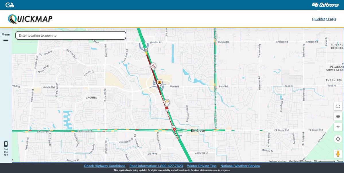 CaltransDist3's tweet photo. #TrafficAlert - Sacramento County
All lanes blocked along southbound SR 99 near Laguna Blvd, due to a traffic collision. All vehicles are being diverted off at Laguna Blvd. No ETO. Check QuickMap for updates and real-time roadway conditions. https://t.co/Im7Sk0uEJw